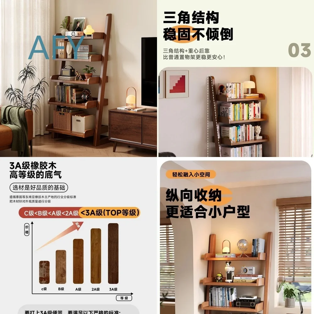 Solid Wood Bookshelf for Living Room Floor to Ceiling Storage Rack Against Wall Trapezoidal Design Next to TV Cabinet for