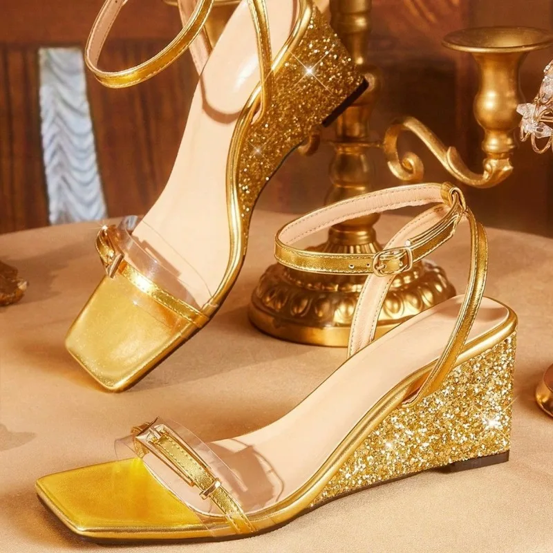 Gold Sequin Wedges Sandals Women Fashion Transparent PVC Metal Buckle Detail Designer Shoes Adjustable Ankle Strap Dress Shoes