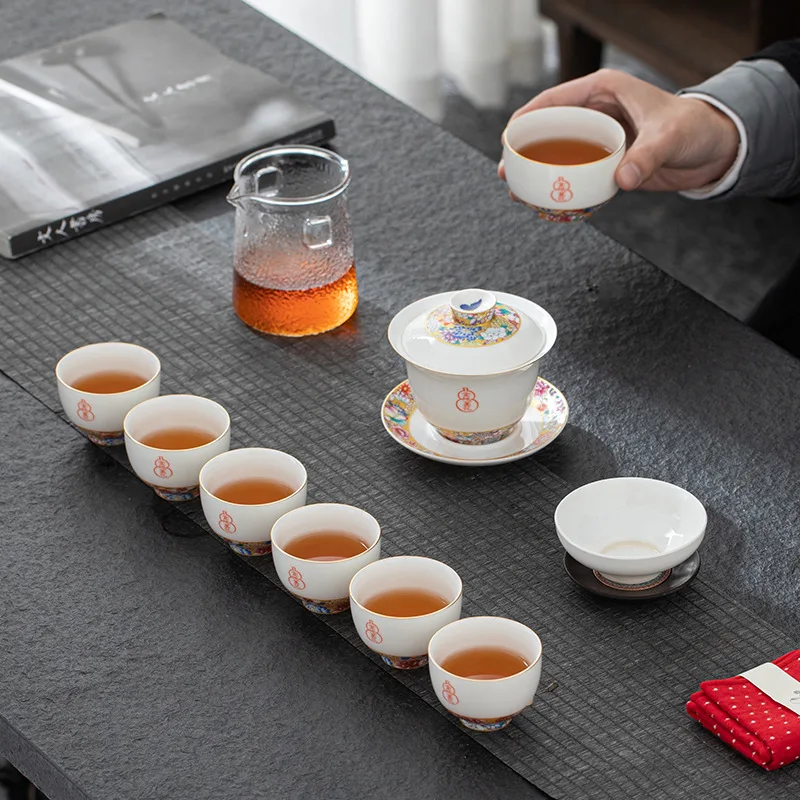 Yangzhi Jade Flower Cover Bowl Tea Set Enamel Color Kung Fu Tea Set Light Luxury Chinese Tea Cup CustomizableLOGO
