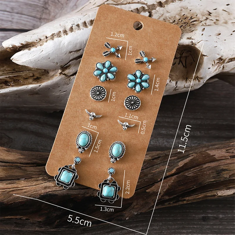 4 Pairs of Western Style Earrings for Women Steer Bull Head/Cowboy Boot Hat/Turquoise Cactus Stud Earrings Pack Western Country