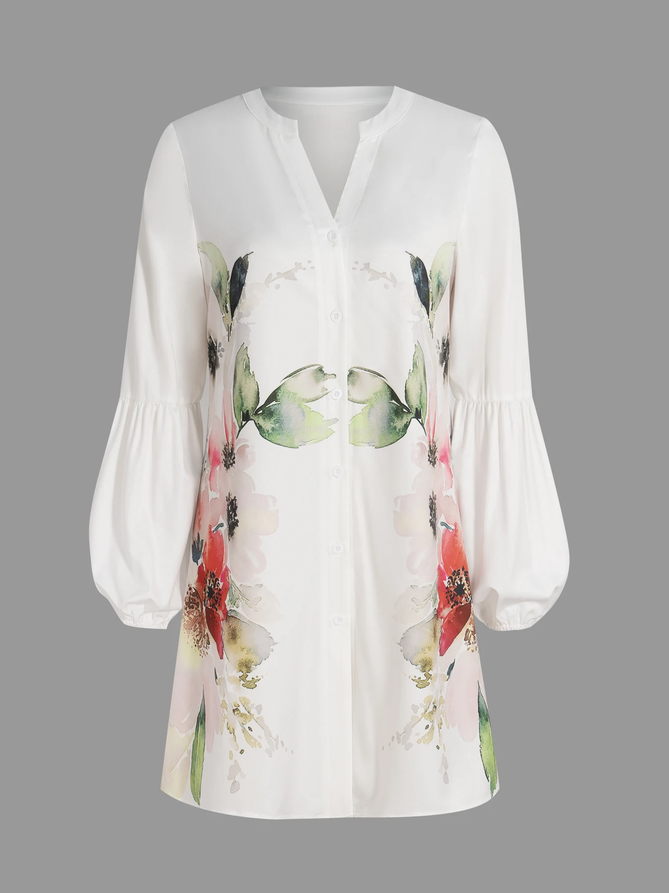Women Watercolor Floral Print Tunic Shirt Notch V Neck Lantern Long Sleeve Button Down Loose Casual Blouse Tunic Top 6