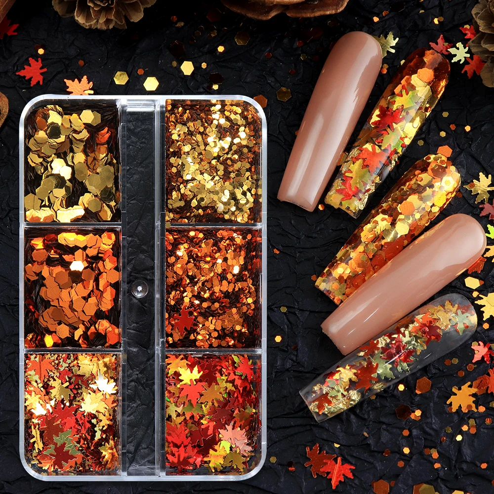 الخريف مسمار الفن بريق الترتر الخريف مابل ليف pailletes مانيكير الديكور لامع اللون مسدس الترتر الأظافر اكسسوارات #2