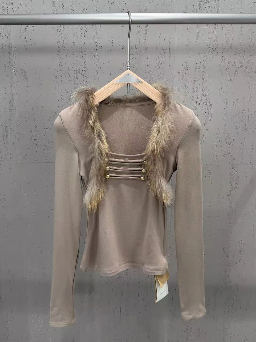 GALCAUR Fluffy Spliced Button Slimming Sweater for Women Square Collar Long Sleeve Patchwork Ruched Pullover Casual Top Female