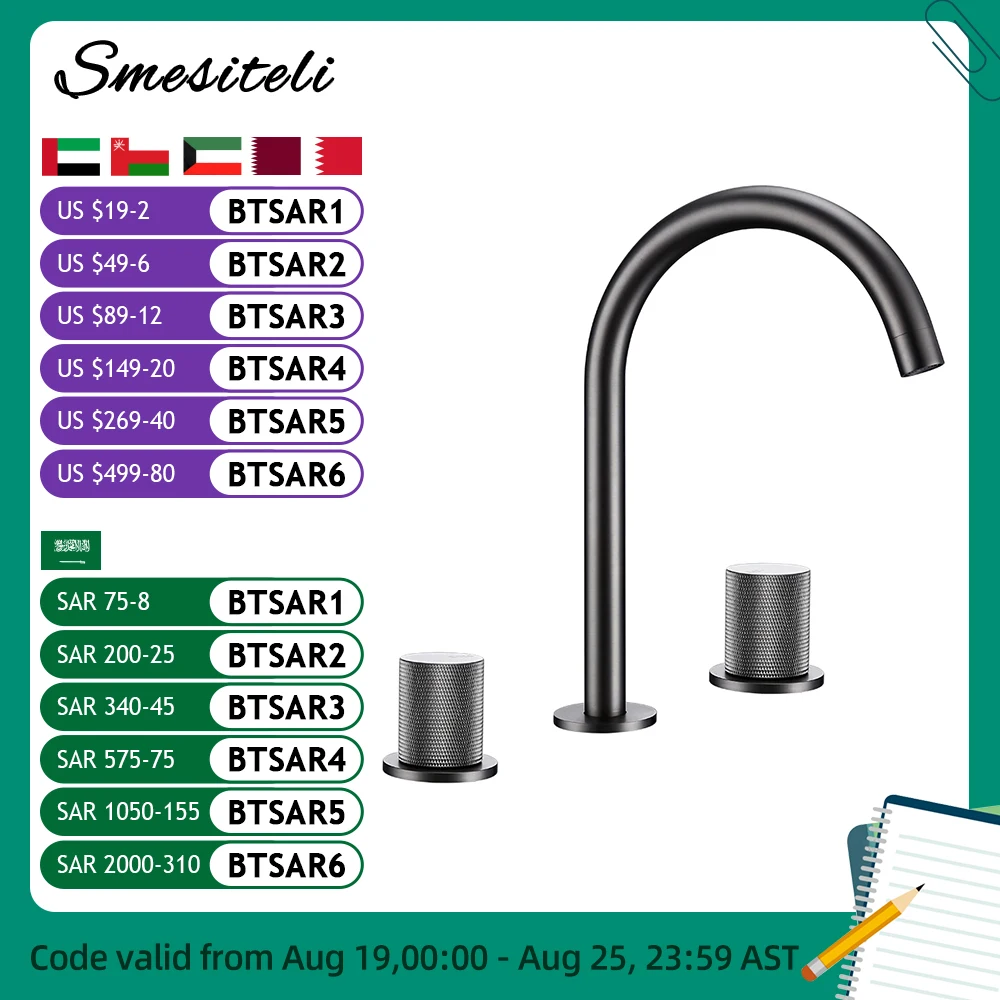 

Gunmetal Basin Faucet Hot and Cold Knurled Handles Sink Tap Installed Deck Mounted Mixer 3PCS Brass Widespread Bathroom Faucet