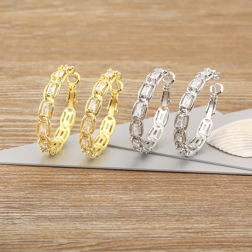 

Nidin Light Luxury Shiny Square Zircon Big Circle Earrings for Women Gold Plated Trendy Party Aesthetic Jewelry aretes mujer