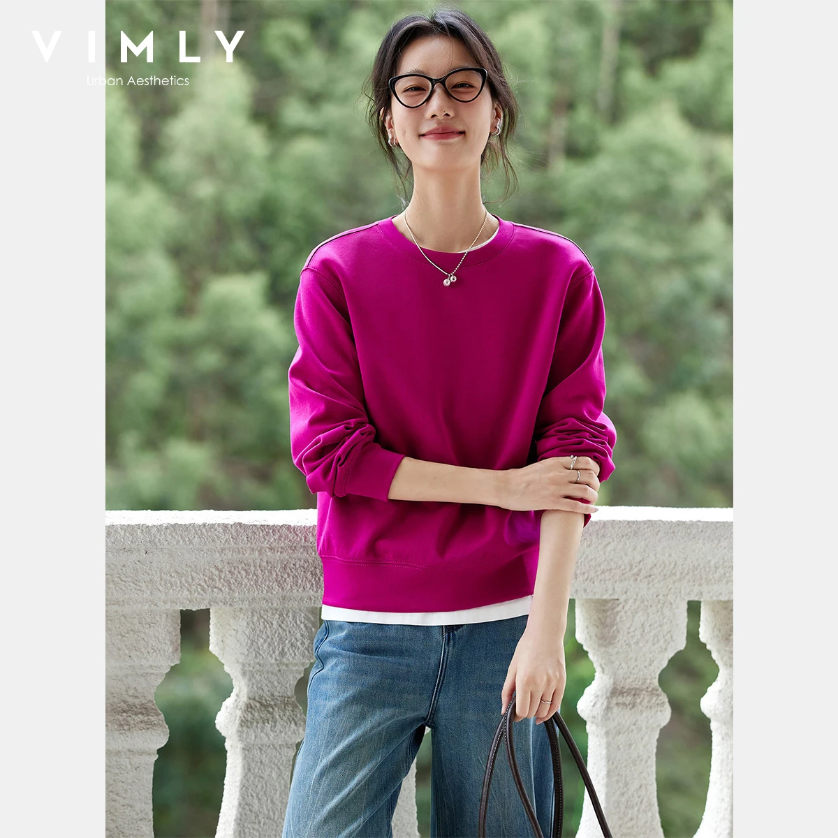 VIMLY Woman Sweatshirts Red Embroider Round Neck Long Sleeve Ladies Tops Autumn 2025 New Knitted Loose Sweatshirts Female A2211