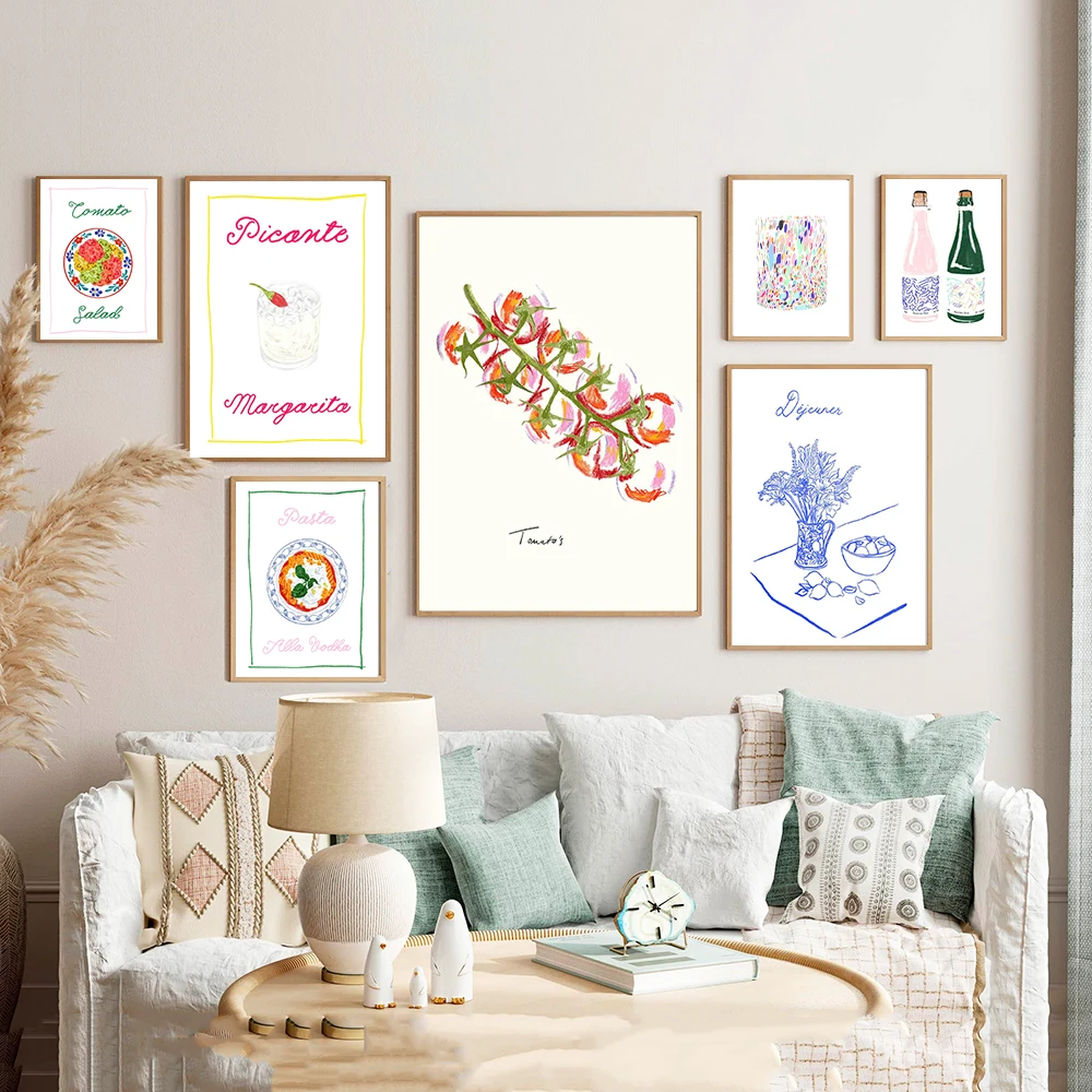 Kitchen Posters Pasta Tomato Salad Painting Wall Art Canvas Prints Champagne Cocktail Pictures for Living Room Home Decoration