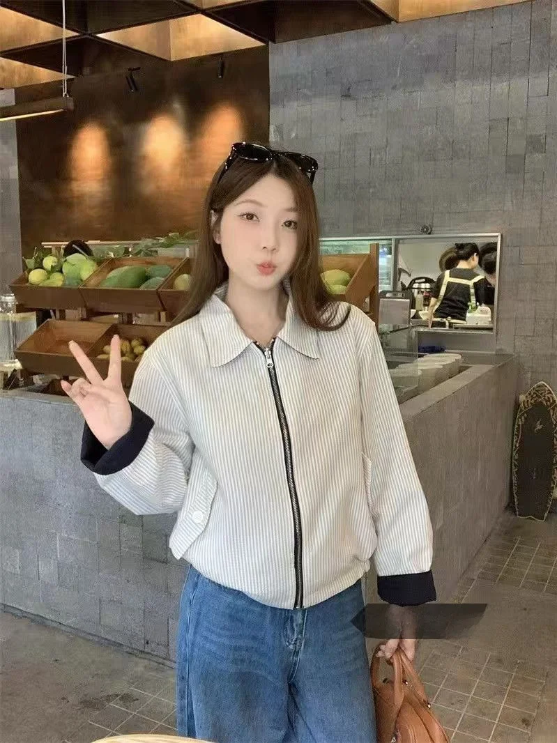 Retro Slim Fit Pasiasty Kołnierz Zapinany na Zamek Dwustronny Zimowy Damski Wszechstronny Top Ciepły Długi Sweter z Kołnierzem