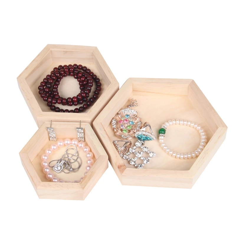 Unfinished Wooden Necklace Jewelry Display Tray Hexagon Solid Wooden Jewelry Tray Trinket Storage Tray for Earring Ring