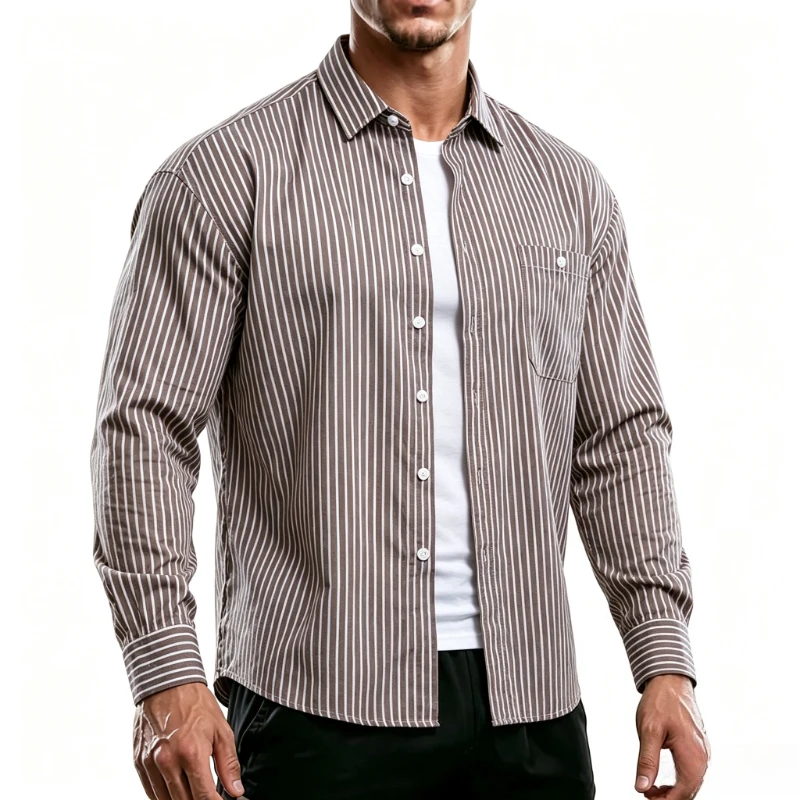 Men's Long Sleeve Striped Shirt High-quality Fashion Casual Print Plaid Stripe Loose Fit Business Formal Office Four Season Tops
