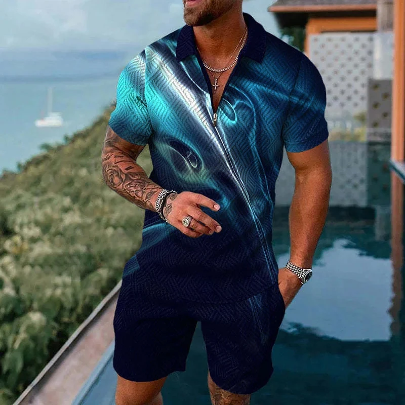 Solid Color Gradient Print Men Sweatsuit Set Summer Casual Zipper Polo Shirt And Shorts 2pcs Sets Fashion Man Pullover Clothing