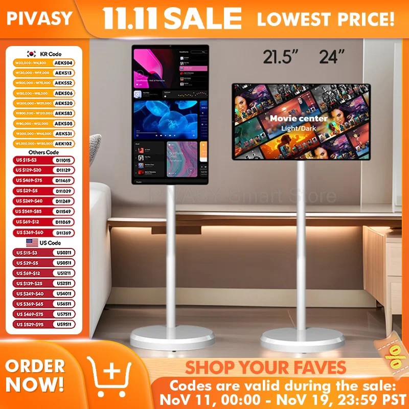 Touch Screen Smart TV da 21,5 24 pollici con supporto da pavimento Monitor Supporto mobile Batteria per fitness Home Office Audio casting wireless