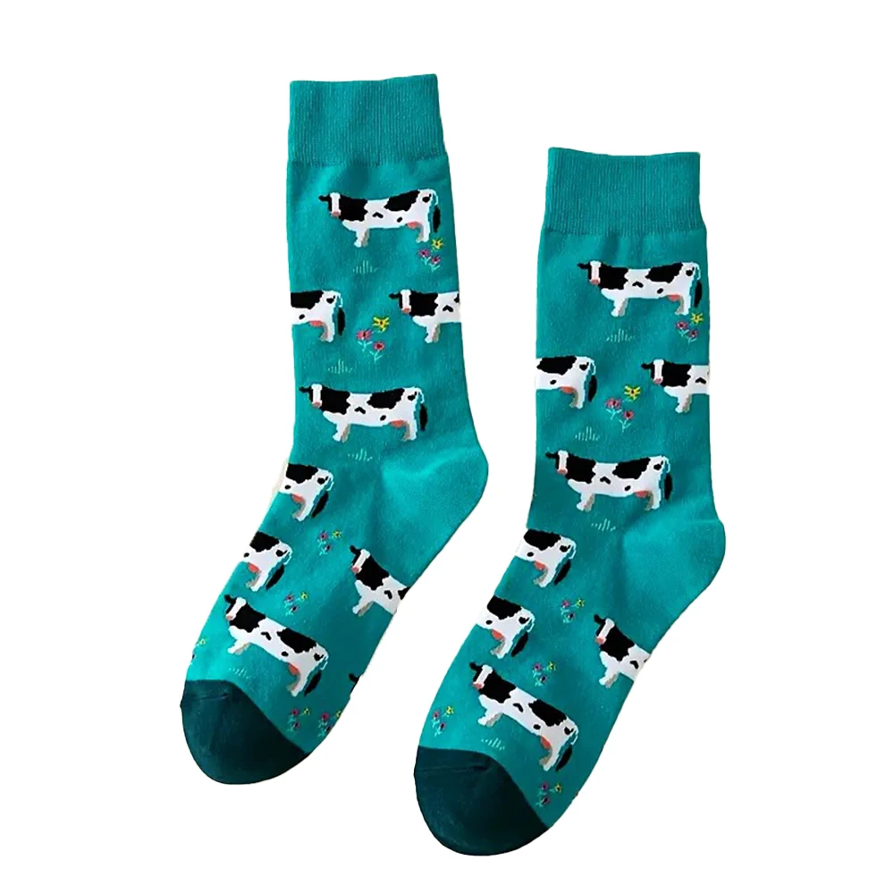 1 Pair Printed Women Mid Tube Socks Cute Cow Design Suitable For Casual Wear Comfortable Soft Moisture Wicking Breathable Socks