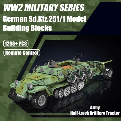 WW2 군사 독일 Sd.Kfz.251/1 모델 빌딩 블록, RM 제어 육군 하프 트랙 포병 트랙터 벽돌 장난감, 어린이 선물
