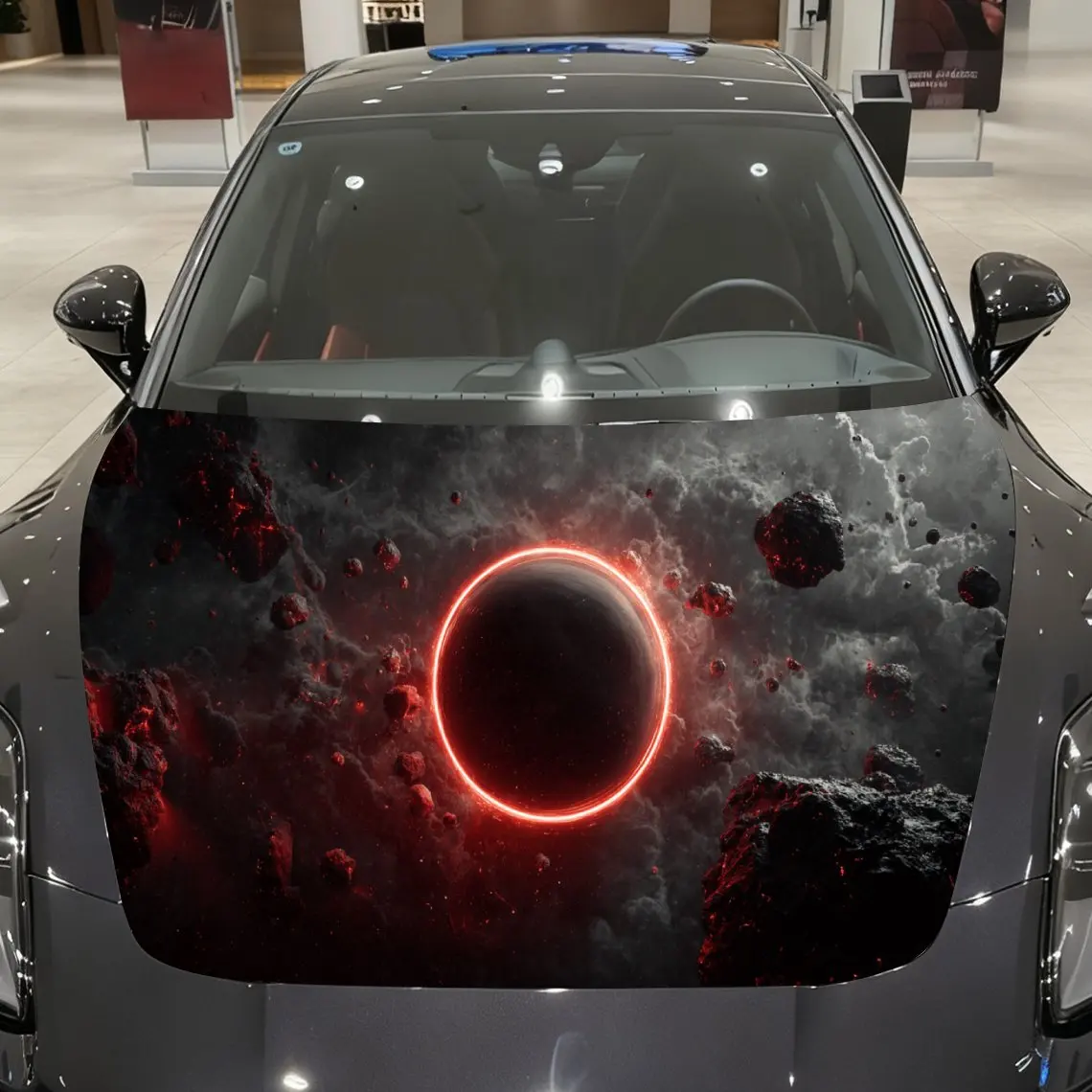 Red Ring Deep Space Anomaly Car Vinyl Wrap, PVC Material Waterproof Car Hood Sticker, Self-Adhesive Scratch-Resistant Stickers f