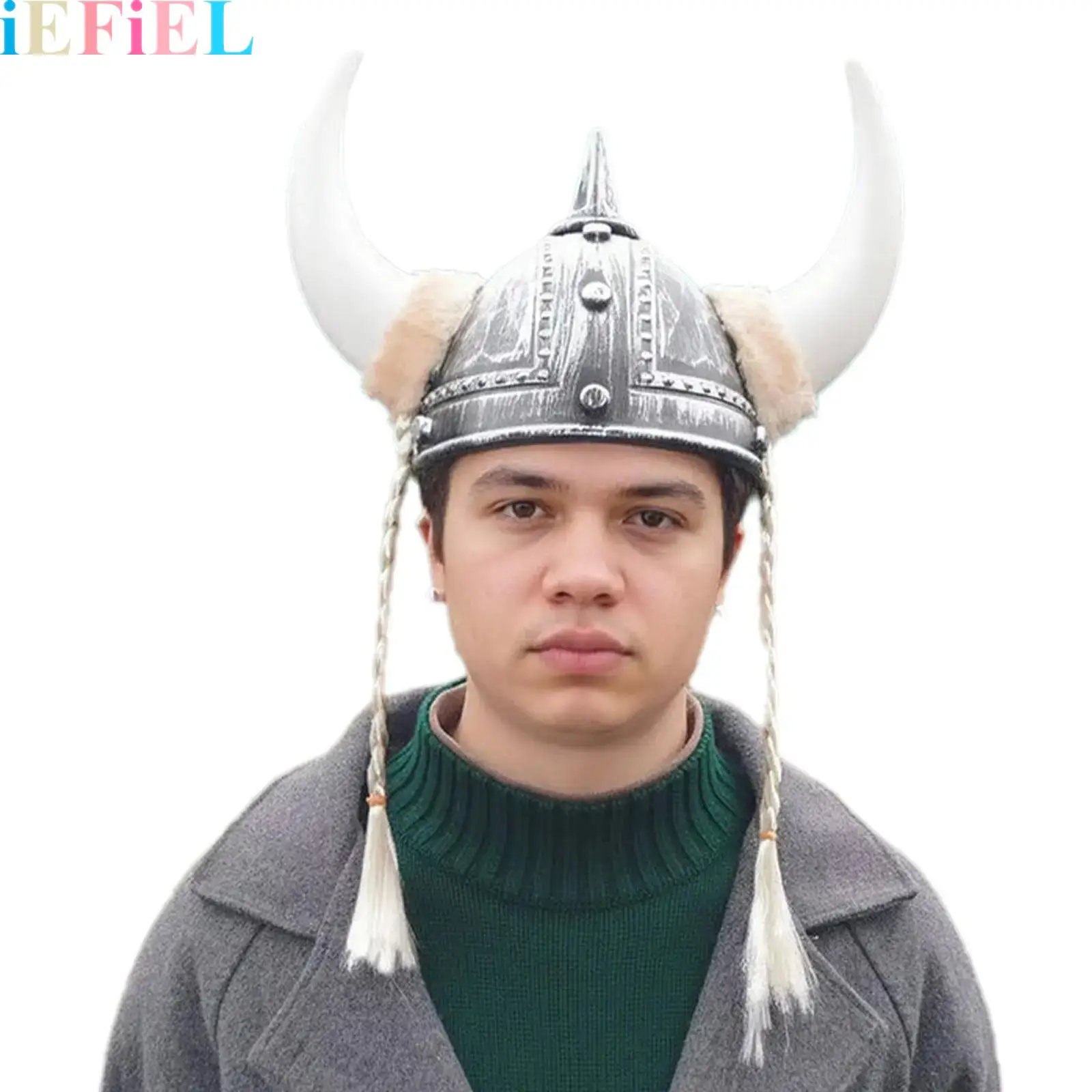 

Adult Plastic Vintage Medieval Warrior Knight Helmet Headgear Viking Horn Hat with Braids Halloween Party Cosplay Costume Props