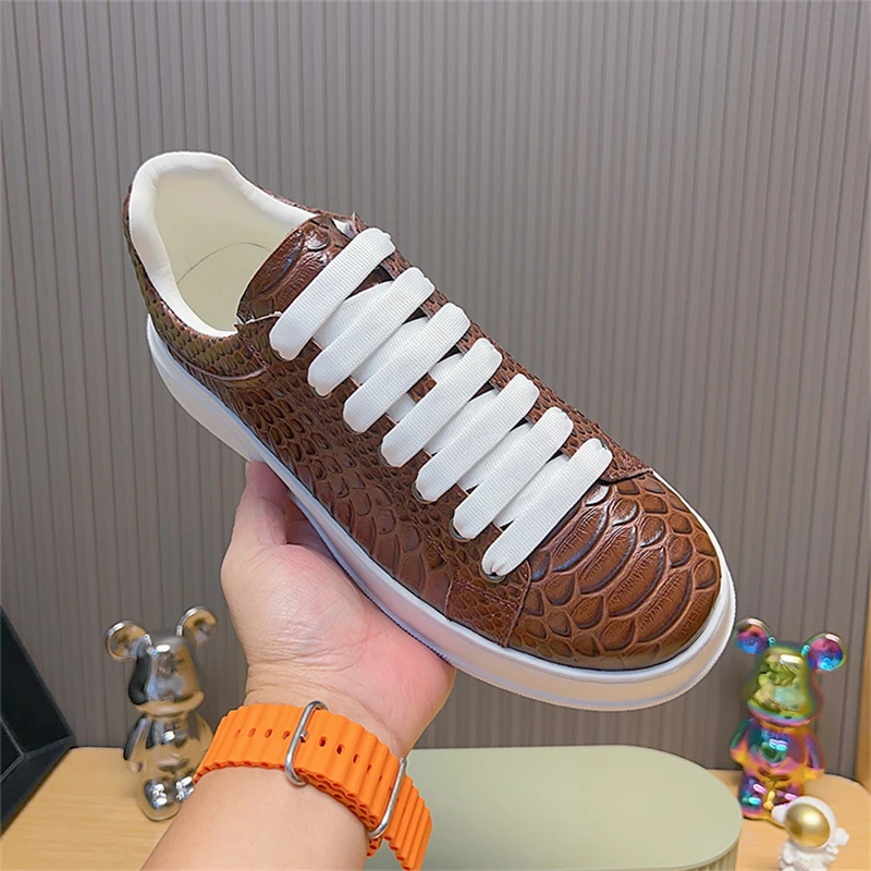 للجنسين البني منصة أحذية رياضية الرجال التمساح نمط الدانتيل متابعة جلد البقر جولة تو منخفضة أعلى حذاء كاجوال لوكس حذاء مسطح اليدوية #5