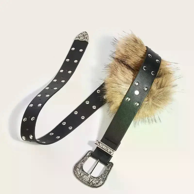 Меховой ремень из искусственной кожи в стиле панк Y2K с металлическими шипами, плюшевая поясная цепочка, ремни из искусственного меха, пушистый сексуальный винтажный пояс, джинсовый ремень в стиле хип-хоп