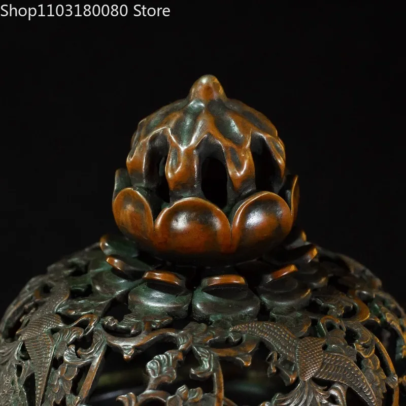 Copper Antique carving Furnace Incense burner Chinese Zen decor Green lotus Emperor Censer thurible.Large size,24cm