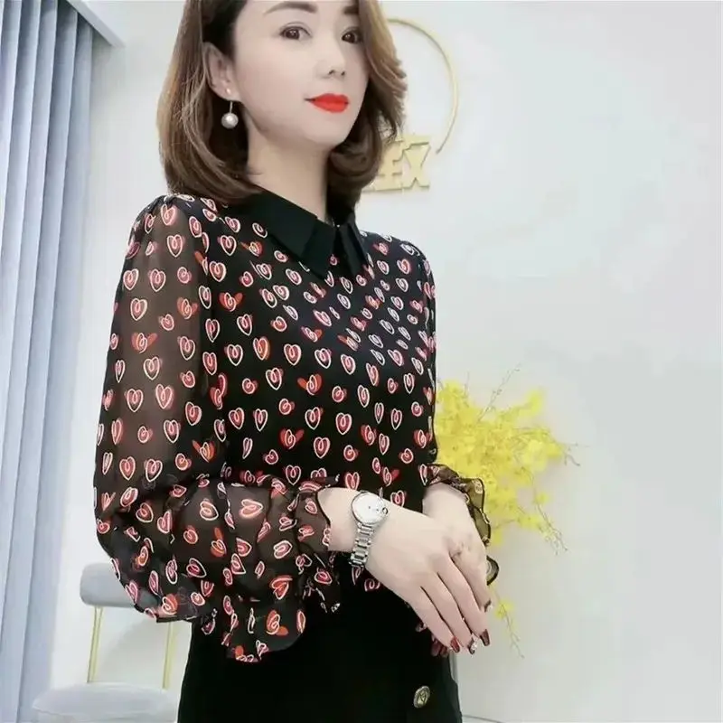 Fashion Lapel Ruffles Printed Princess Sleeve Blouse Women\'s Clothing 2023 Autumn New Oversized Casual Tops Office Lady Shirt