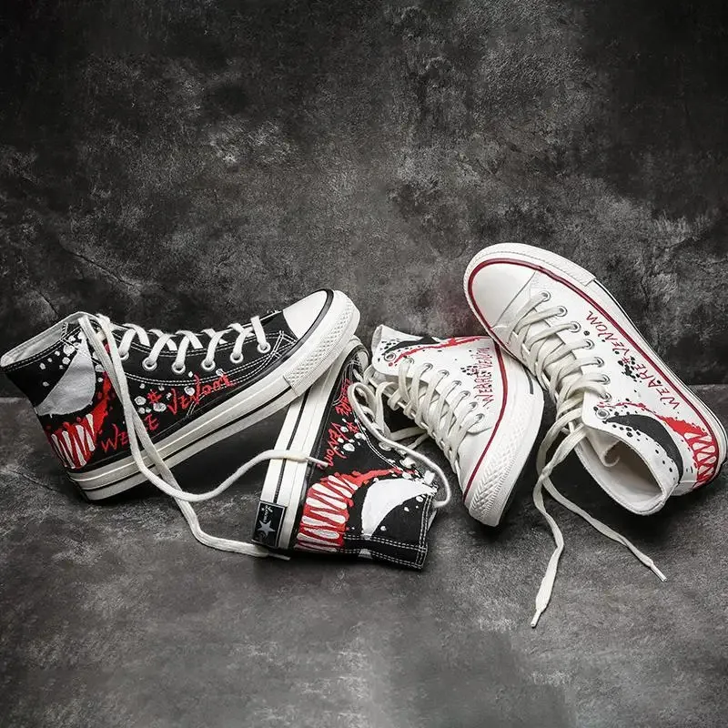 

25COSMovie Venom Canvas Shoes Fashion Anime Casual High Top Sneakers Teen Unisex Black and White Shoes Mandarin Duck Shoes