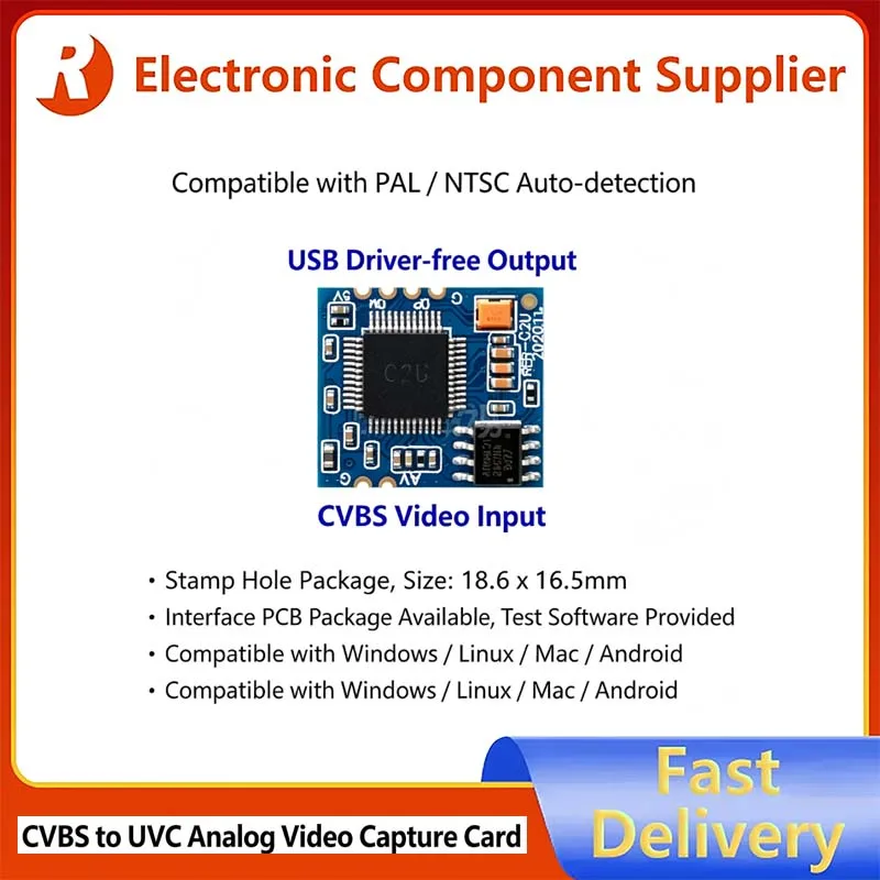 CVBS to UVC Video Capture Module, Analog AV to USB Camera Board, PAL/NTSC Auto Recognition, UVC Driver-Free, Stamp Hole PCB Modu