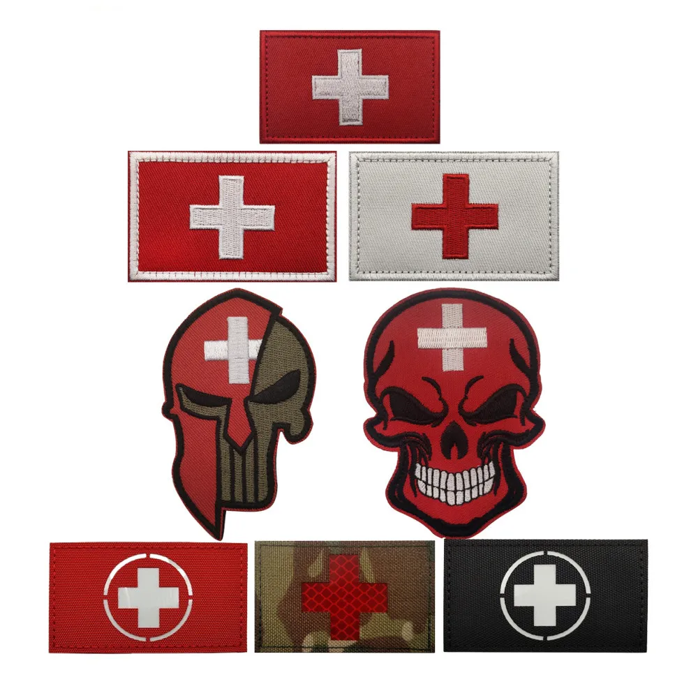 Switzerland National Flag Embroidered Patches Military Tactical SPARTAN HELMET Badges Reflective Crossed Flag for Backpack Hat