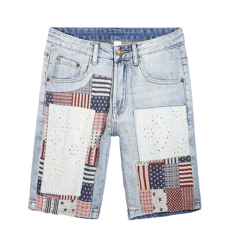 Summer Fashion Men's Light Blue Jeans Retro Elastic Slim Fit Split Short Jeans Homme Patch Designer Hip Hop Denim Shorts for Men