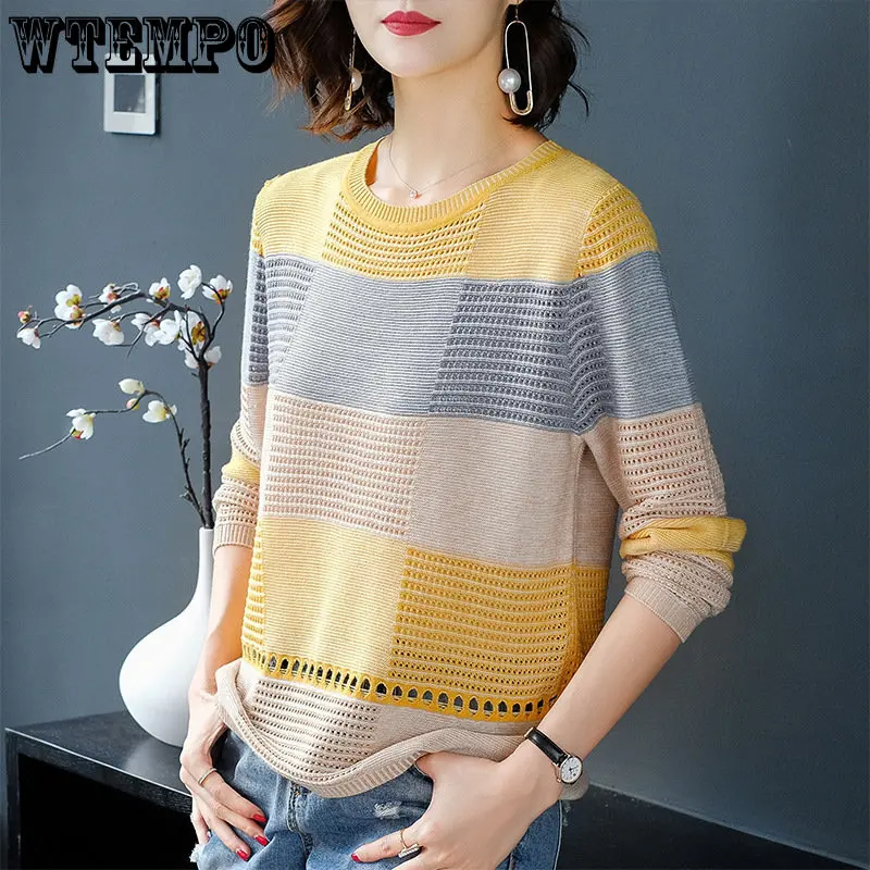 Hollow Knit Sweater Women\'s Top Colorblock Loose Striped Long Sleeve Bottoming Short Section Spring Autumn Drop Shipping