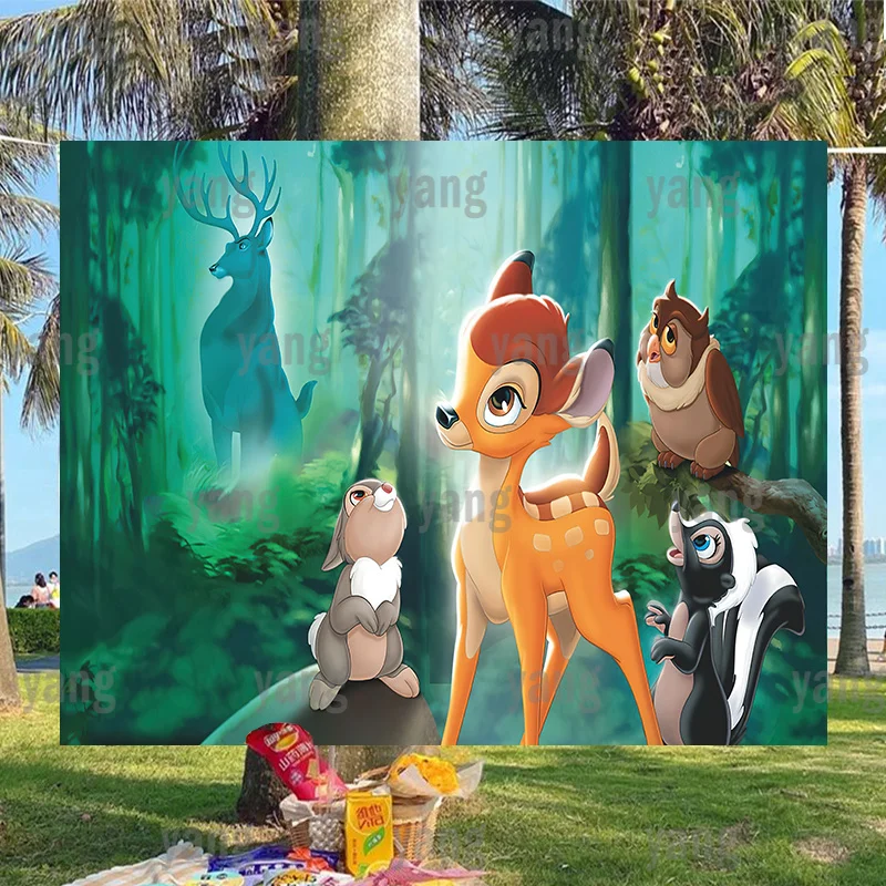 Custom Disney Deer Bambi of Fawn Friend Owl Backdrops Happy Birthday Party Painting Artoon Picture Forest Background Decor