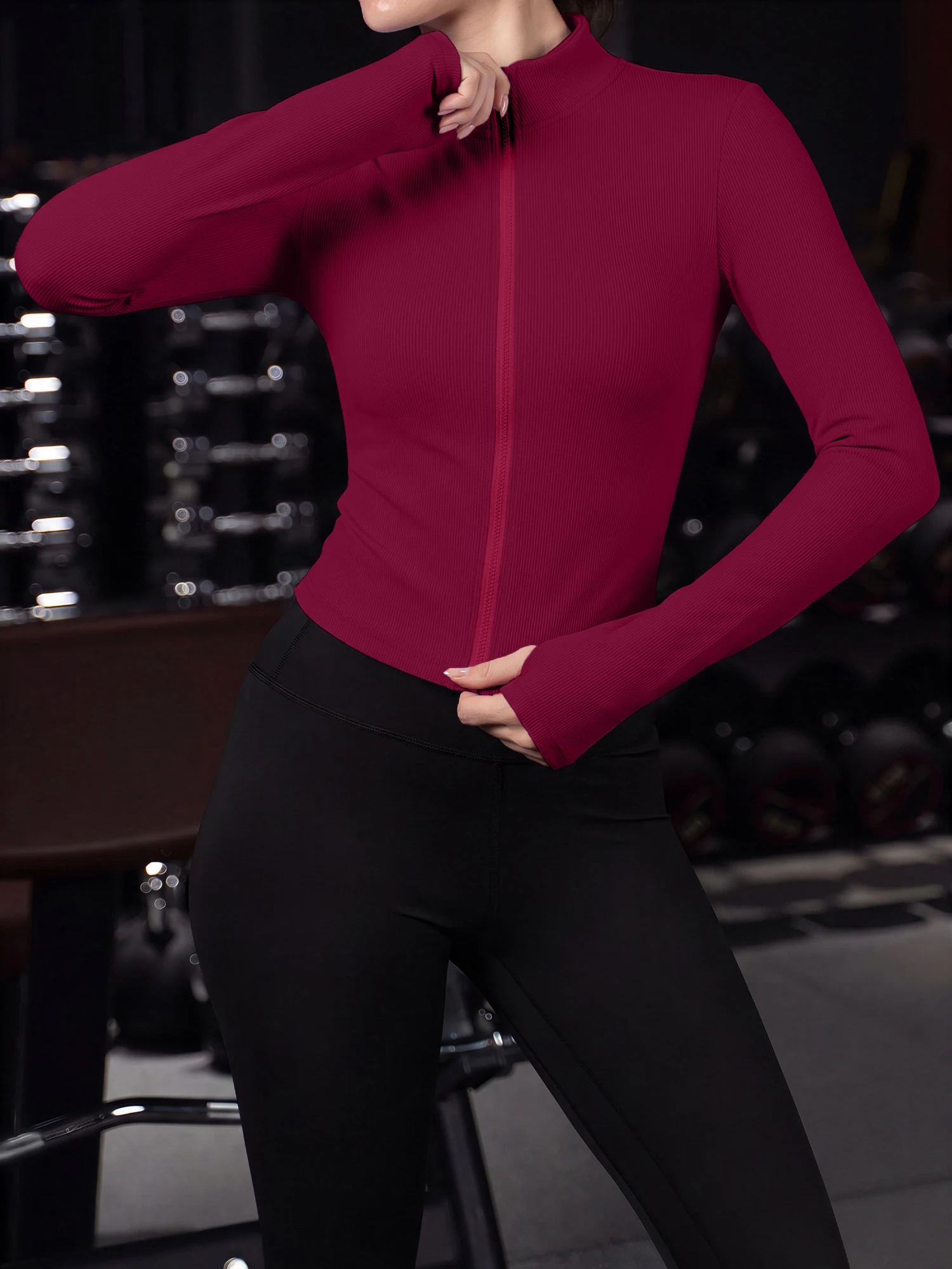 All Season Layering Ribbed Zip Crop Jacket, Stand Collar Slim Long Sleeve Top to Match Leggings & Bottoms