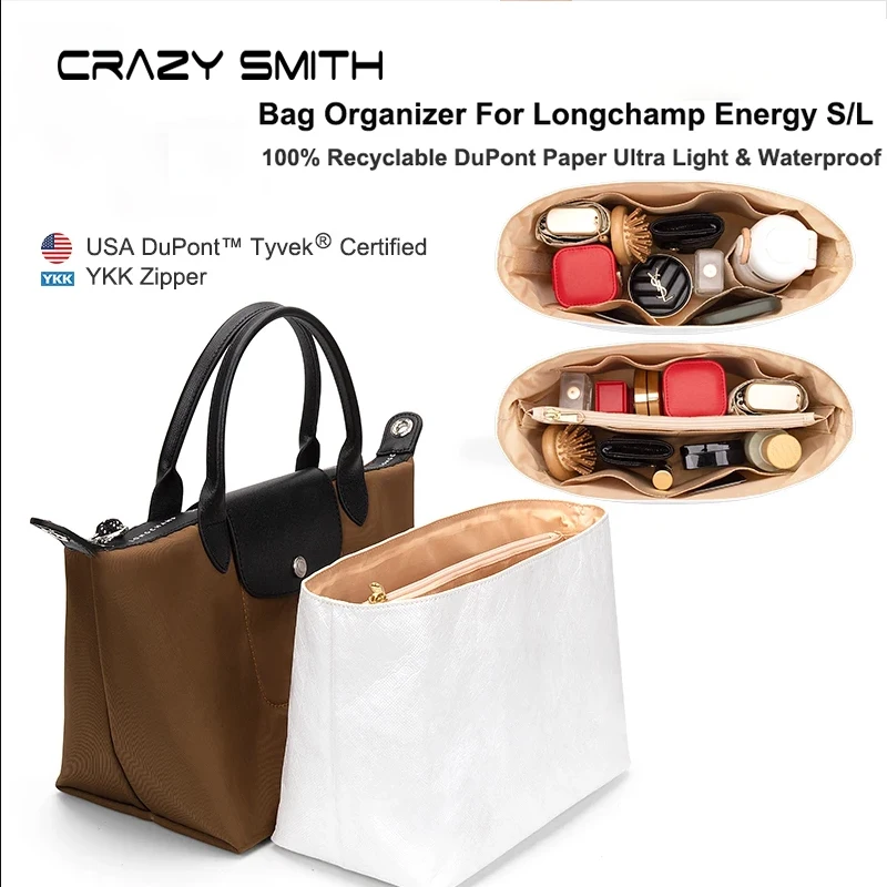 

CRAZYSMITH Bag Organizer For Longchamp Energy Handbag Dupont Paper Inner Bag Portable Purse Insert Makeup Bag Support Shaper