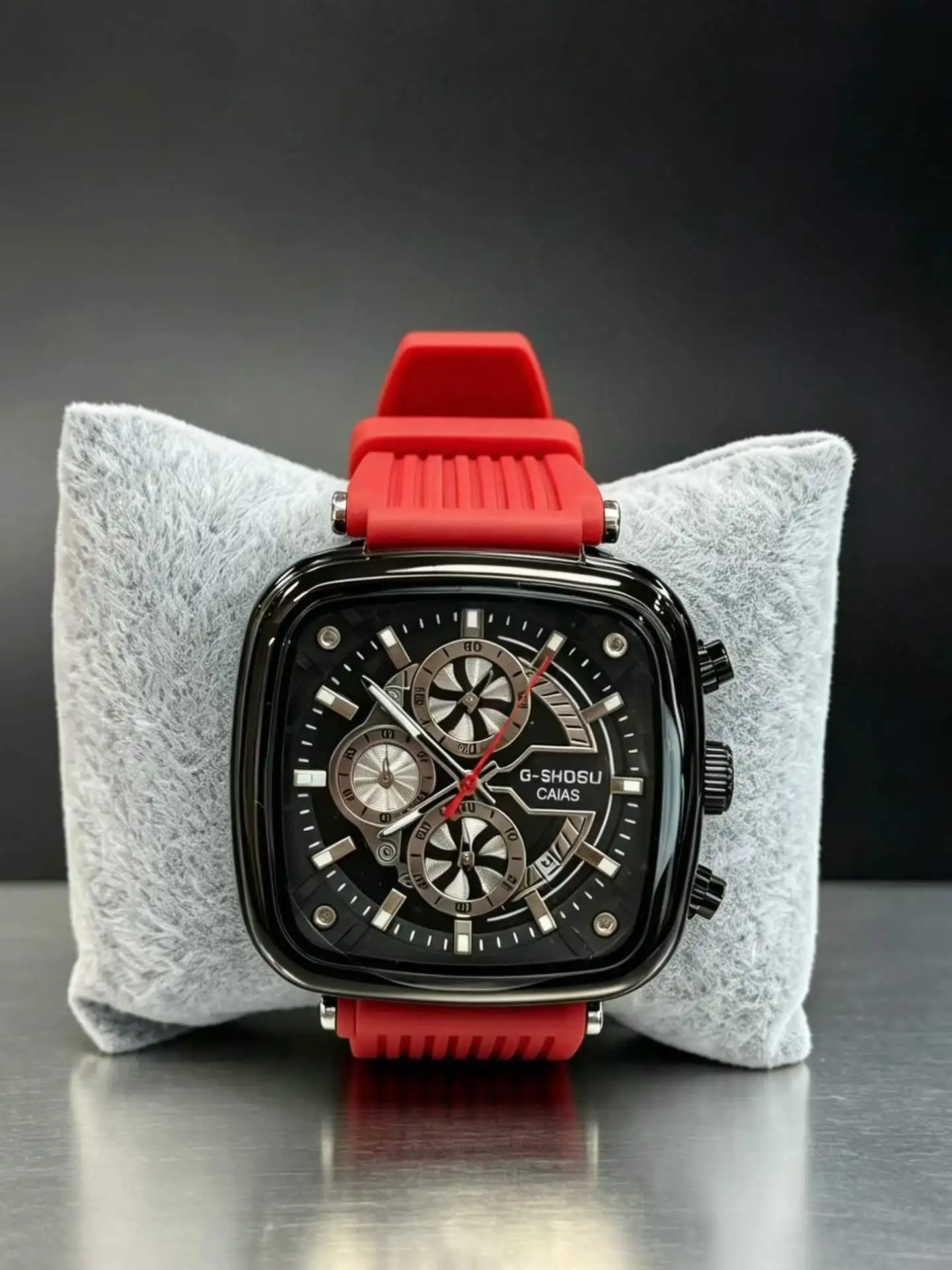 Stylish large square, multifunctional triple-dial watch, rubber strap, quartz movement, available in multiple dial colors