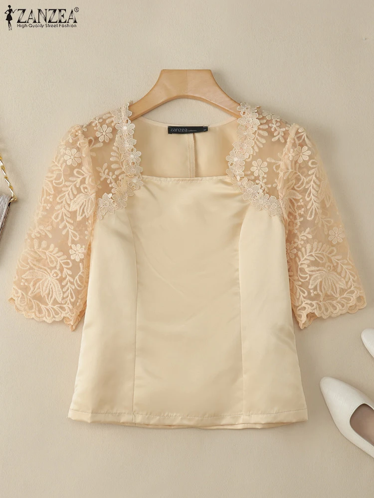 

ZANZEA блузки с квадратным вырезом и короткими рукавами, элегантные тюлевые изящные Blusas Mujer, женские кружевные лоскутные атласные топы