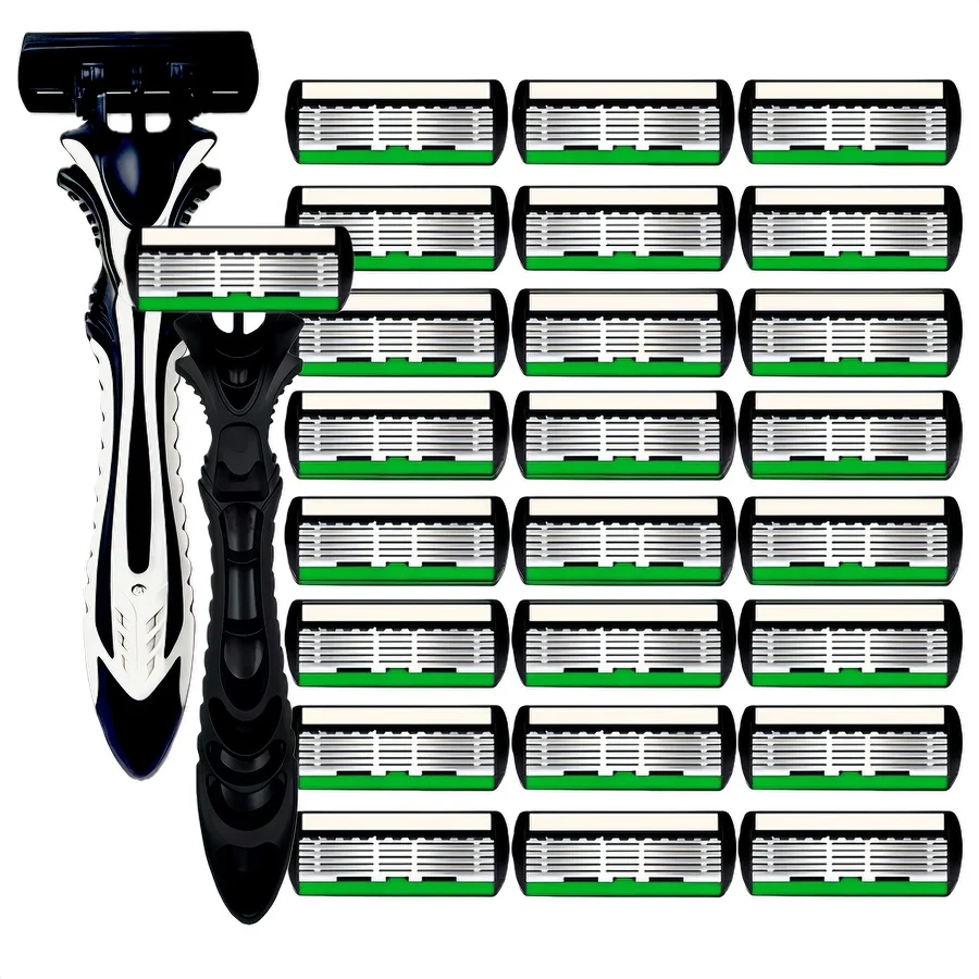 Razor Classic 6-Lagen-Sicherheitsrasierer für Männer, Haarentfernung, Rasierklingen, manueller Rasierer, grün, 1 Griff mit 3 Klingen