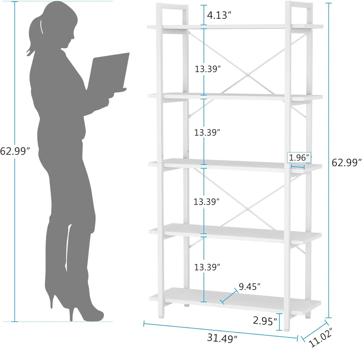 5 Tier White Bookshelf, Modern Etagere Bookcase with Metal Frame, Tall Book Shelf Unit for Living Room, Study, Home Office