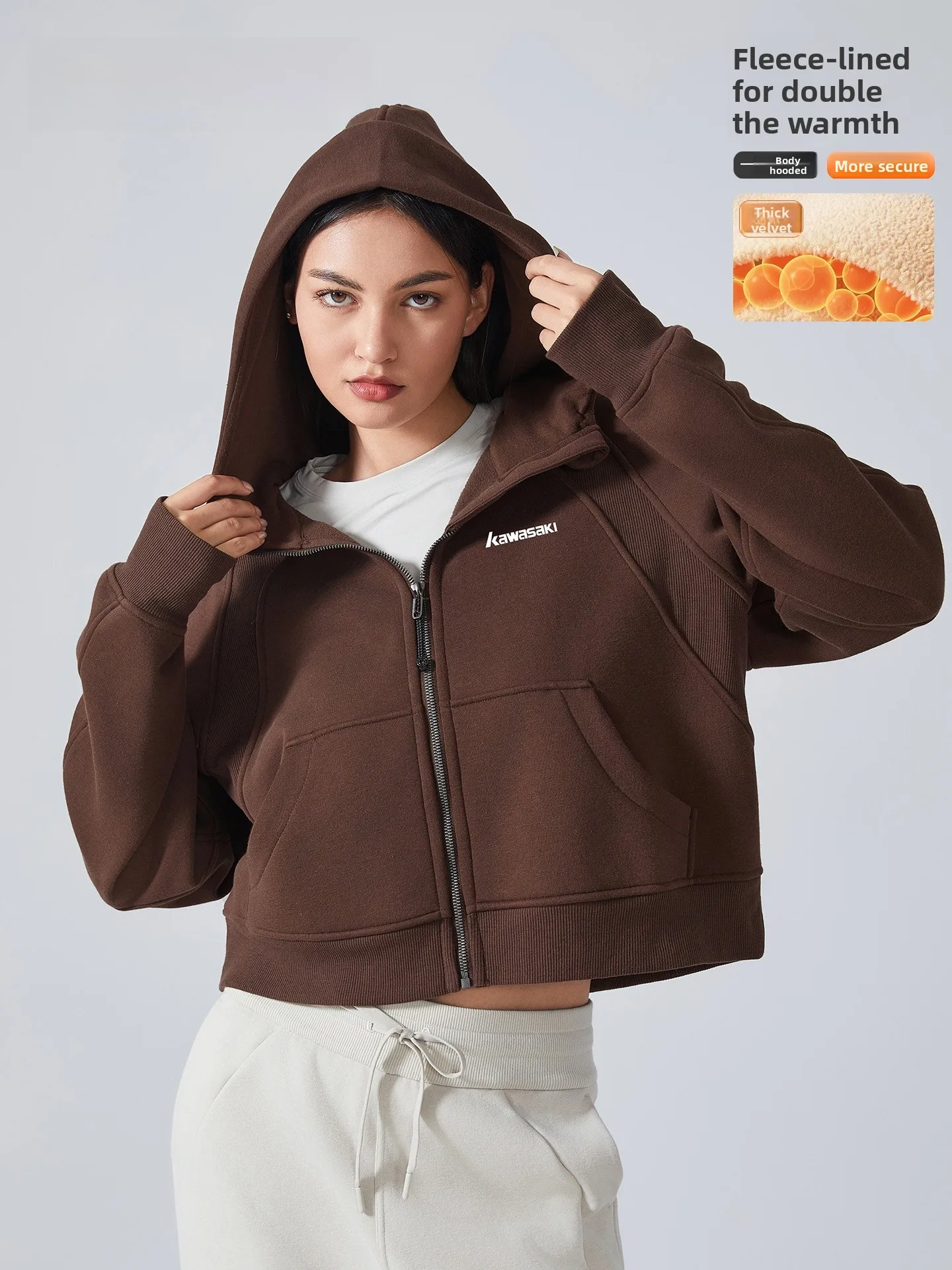 

Коричневая женская зимняя куртка для йоги с капюшоном, прямого кроя, из смесового хлопка, теплая, на молнии, повседневная