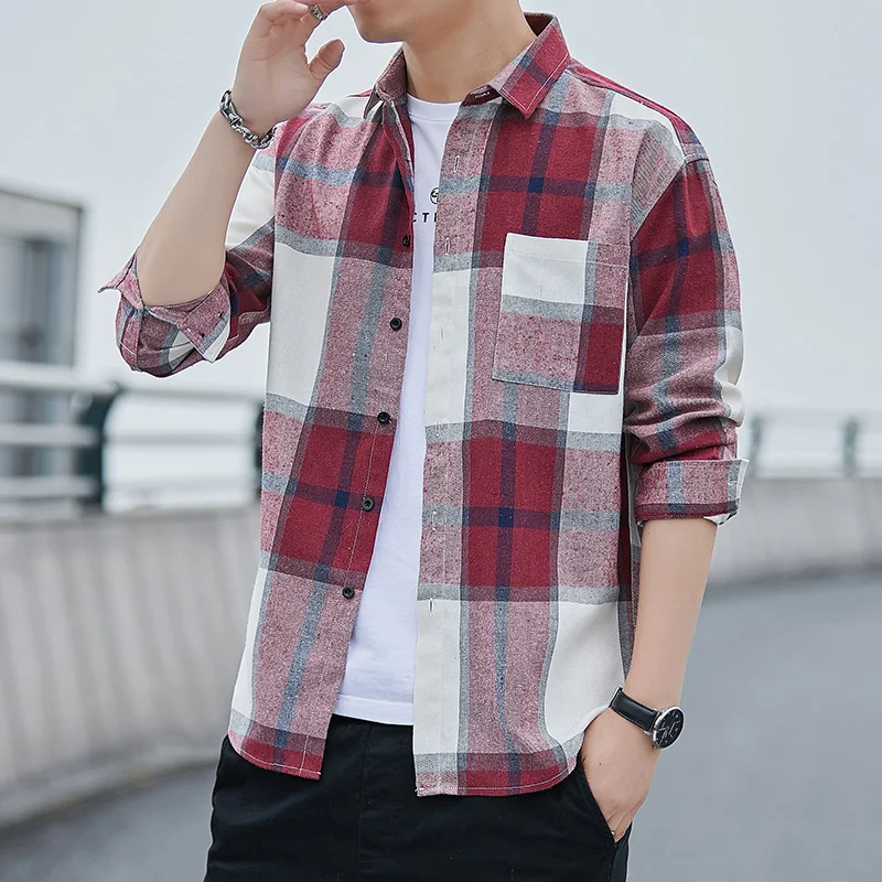 

Men's plaid shirt long-sleeved casual loose youth handsome shirt