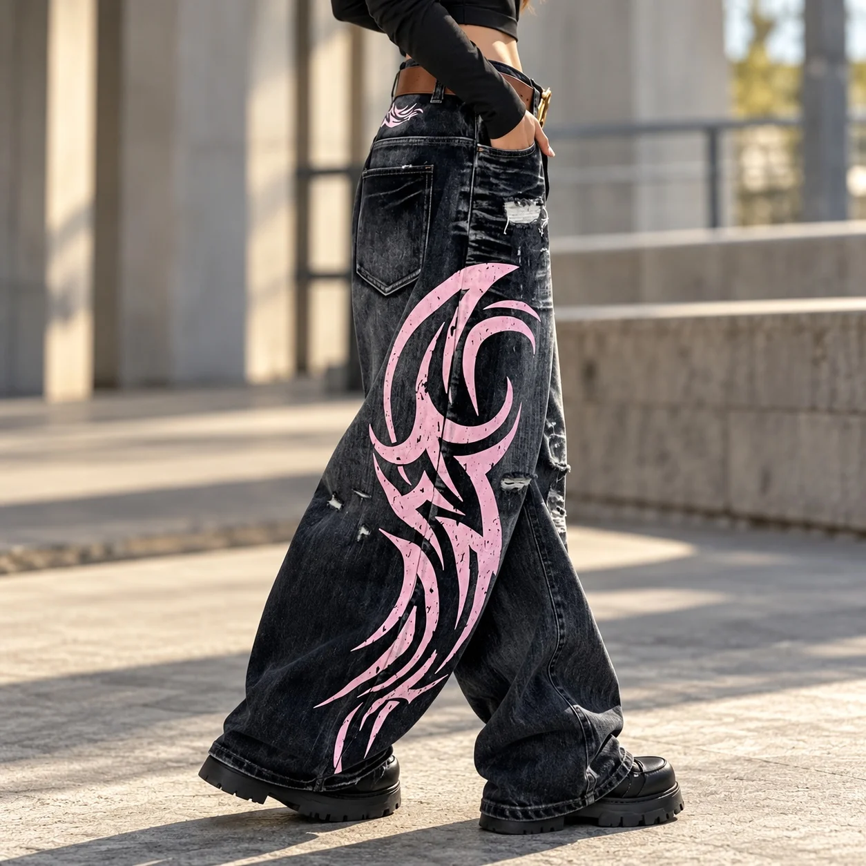 Printed Wash Jeans High Waist Retro with No Stretch Baggy Fit Zip Fly Washed Finish Full Length Straight Leg Women Jeans Pants