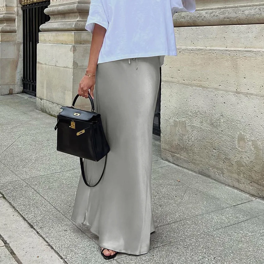 Grey Simulation Silk Satin High Waisted Skirt with Feminine Elegance and Slimming Effect French Fishtail Skirt Long Skirt