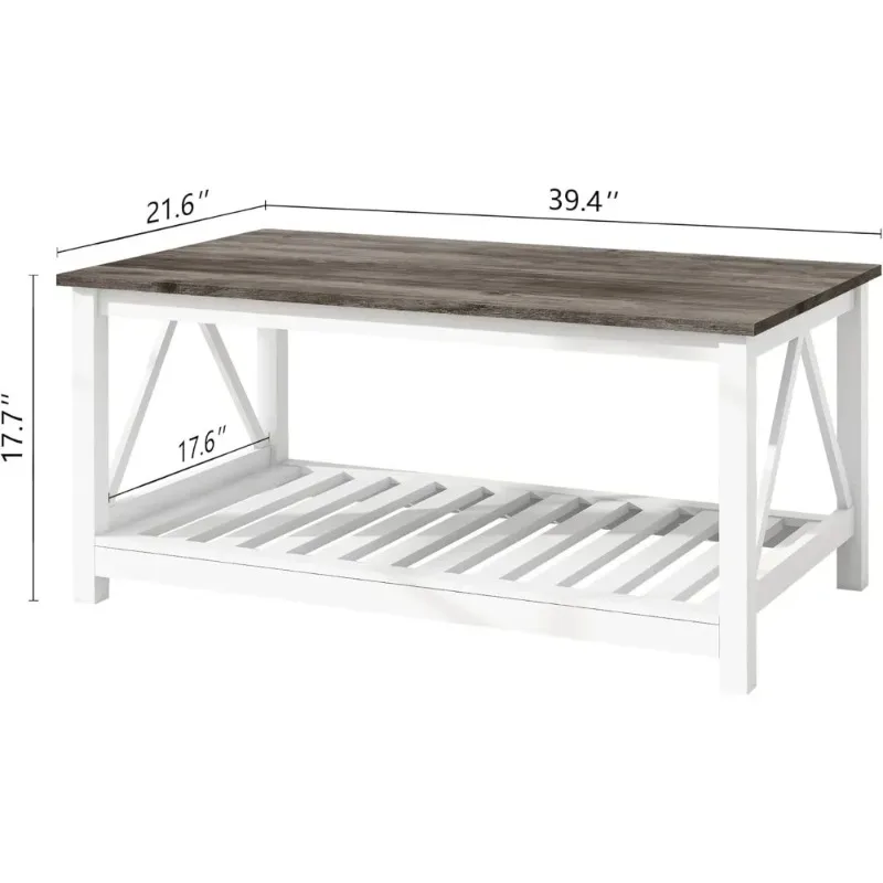 

**Farmhouse Coffee Table for Living Room,2-Tier Rectangular Wooden Centre Cocktail Table with Slats Shelf Storage and V-Shaped
