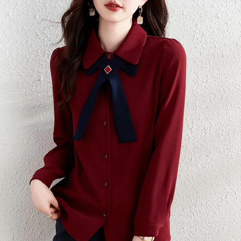 Fashion Casual Basic Shirt Solid Color Women\'s Clothing Turn-down Collar Spring Autumn Spliced Bow Single-breasted Loose Blouse