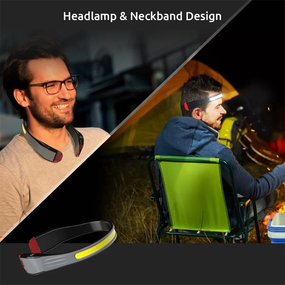 Induction COB Headlight Waterproof LED Headlamp Floodlight USB Rechargeable Head Torch 5 Lighting Modes with Red Tail Light