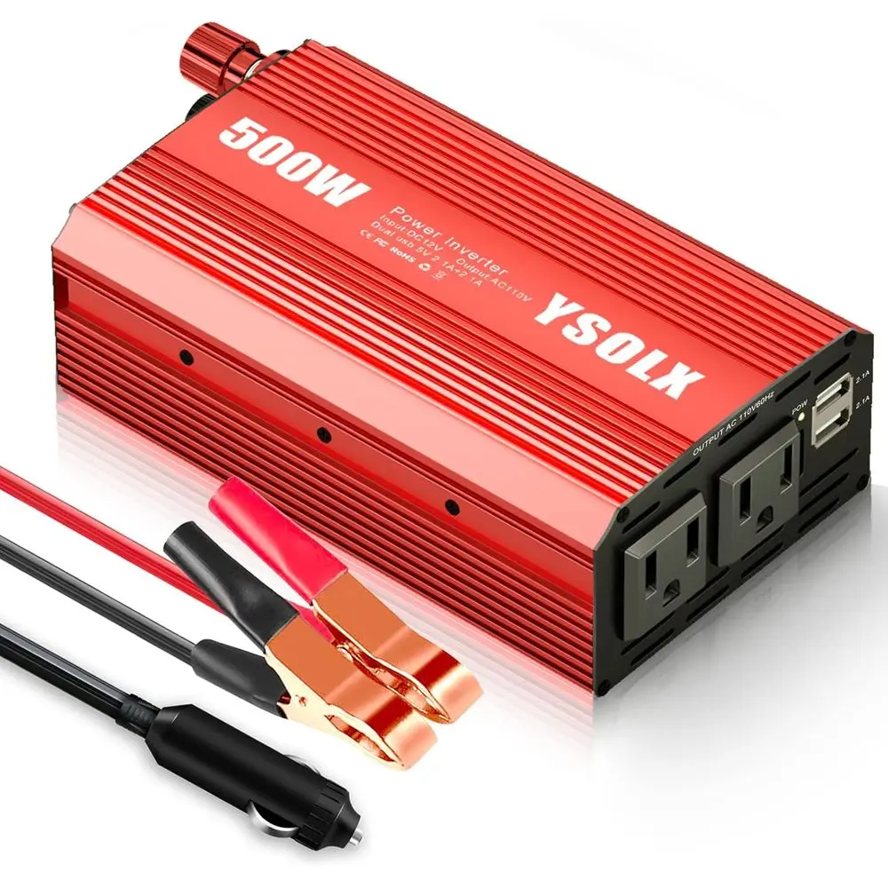 

500W Power Inverter 12V to 110V with Dual USB and 2 AC Outlets for Road Trips, Camping, and Vehicle Power Needs