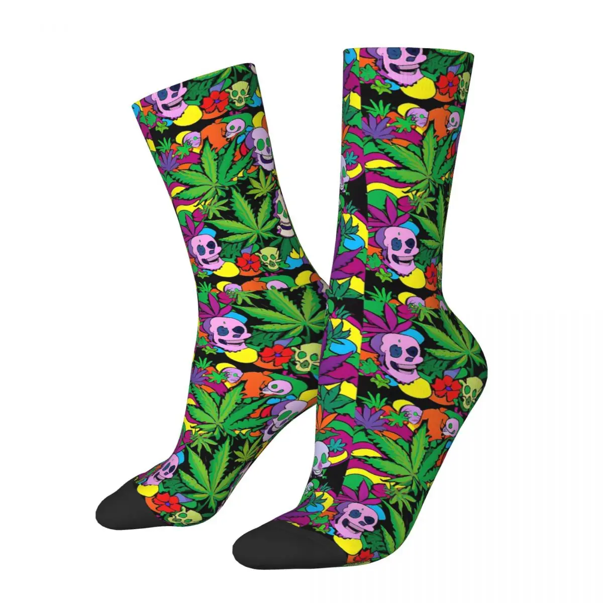 

Funny Men's Socks Trippy Colorful Skulls Retro Weed Leaf Hip Hop Novelty Crew Sock Gift Pattern Printed
