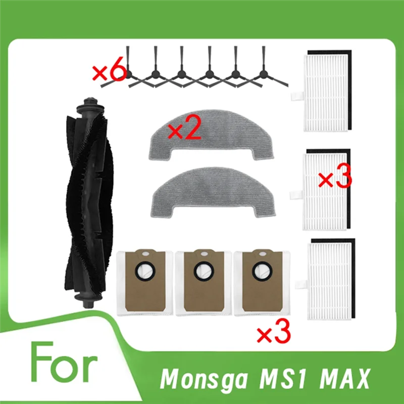 A83G-15PCS For MONSGA MS1 MAX Main Brush Side Brush Dust Bag Mop Cloth Set Robot Vacuum Accessories