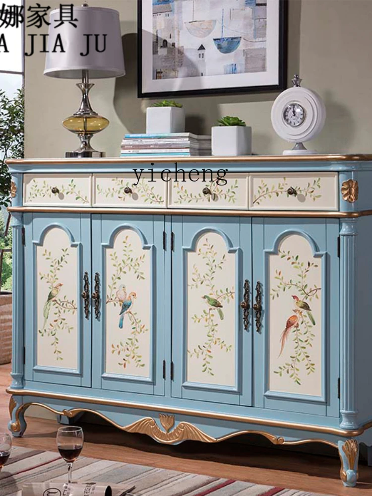 XL Retro Painted Shoe Cabinet Blue Hand Painted Living Room Locker Large Capacity Multi-Layer Sideboard Cabinet