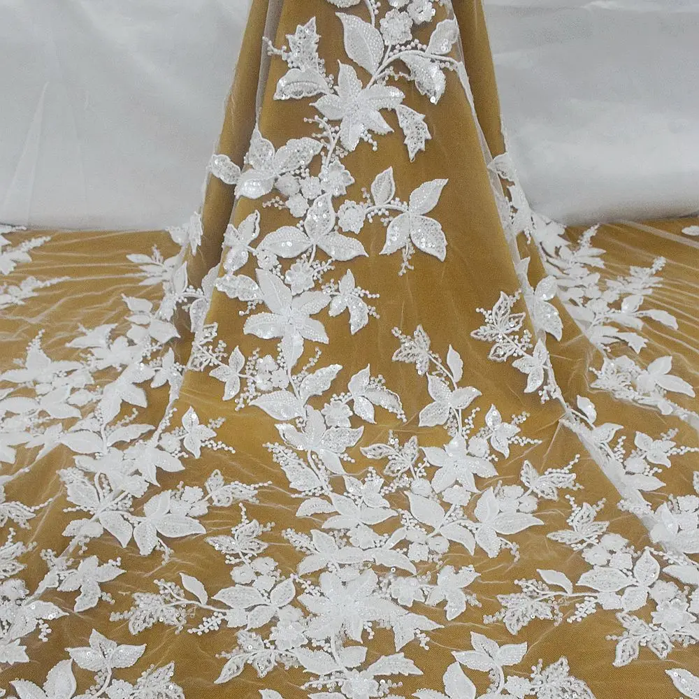 

1 Yard High Quality Beaded Lace Fabric Bridal White Maple Wood Design Embroidered Sequins Nigeria HY1888