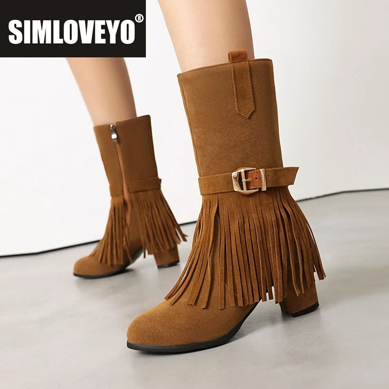 

SIMLOVEYO 2025 Женские ботинки из флока и замши на массивном каблуке 6,5 см с застежкой-молнией и бахромой, большие размеры 41 42 43 US12 Party Dating Bota Brown