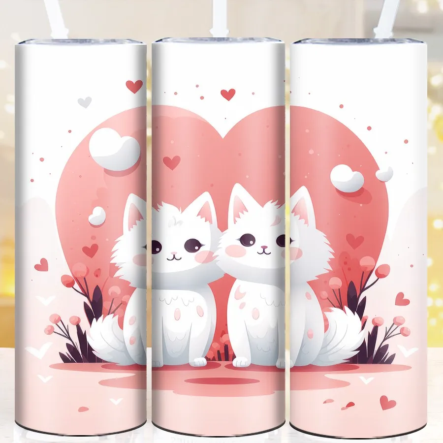 20oz Stainless Steel Insulated Tumblers Straw Lid 3D Print Two Cat Fall in Love 1Pc Valentine's Day Drink Cups Festive Gifts